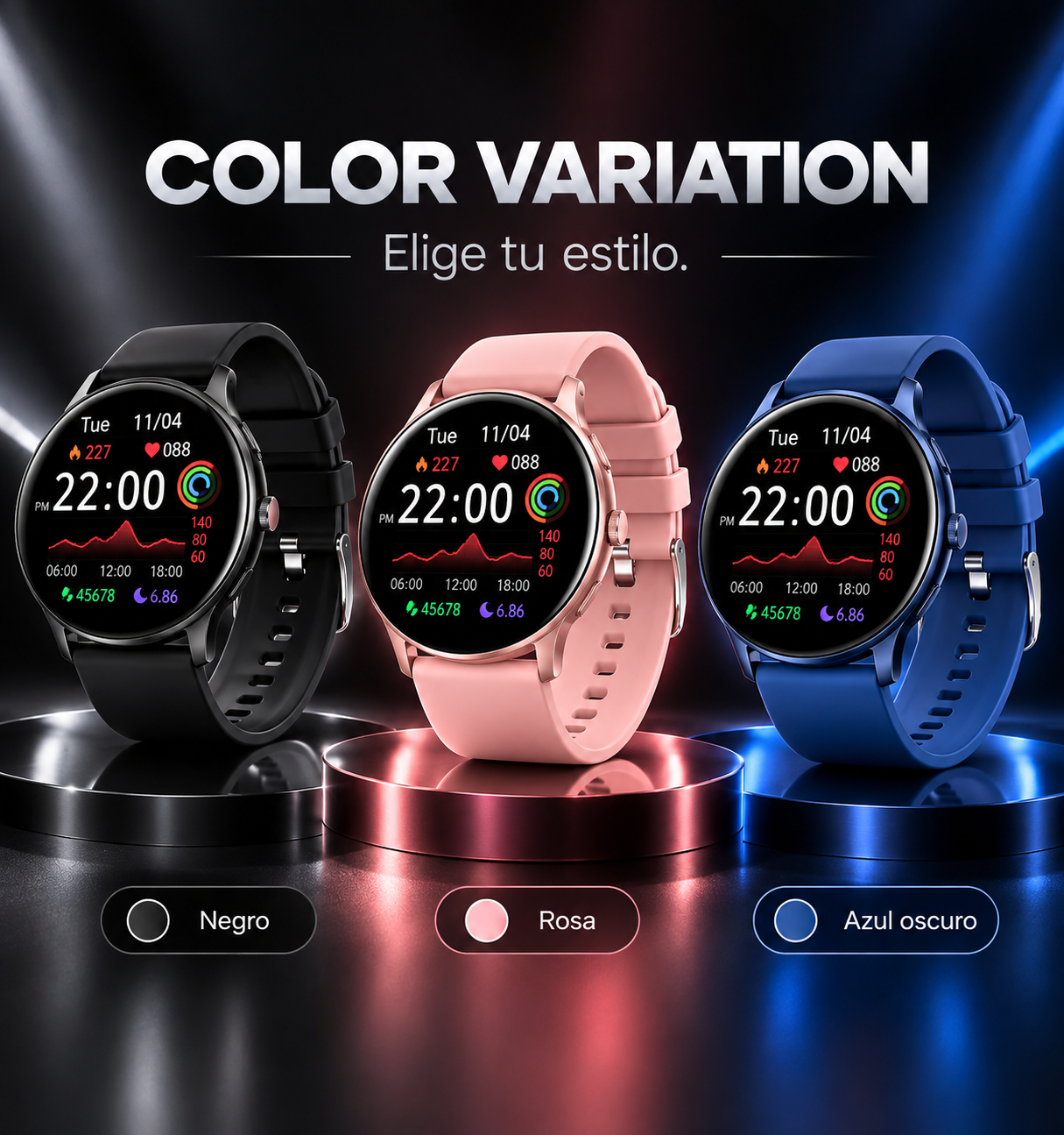 Smartwatch en negro, rosa y azul oscuro