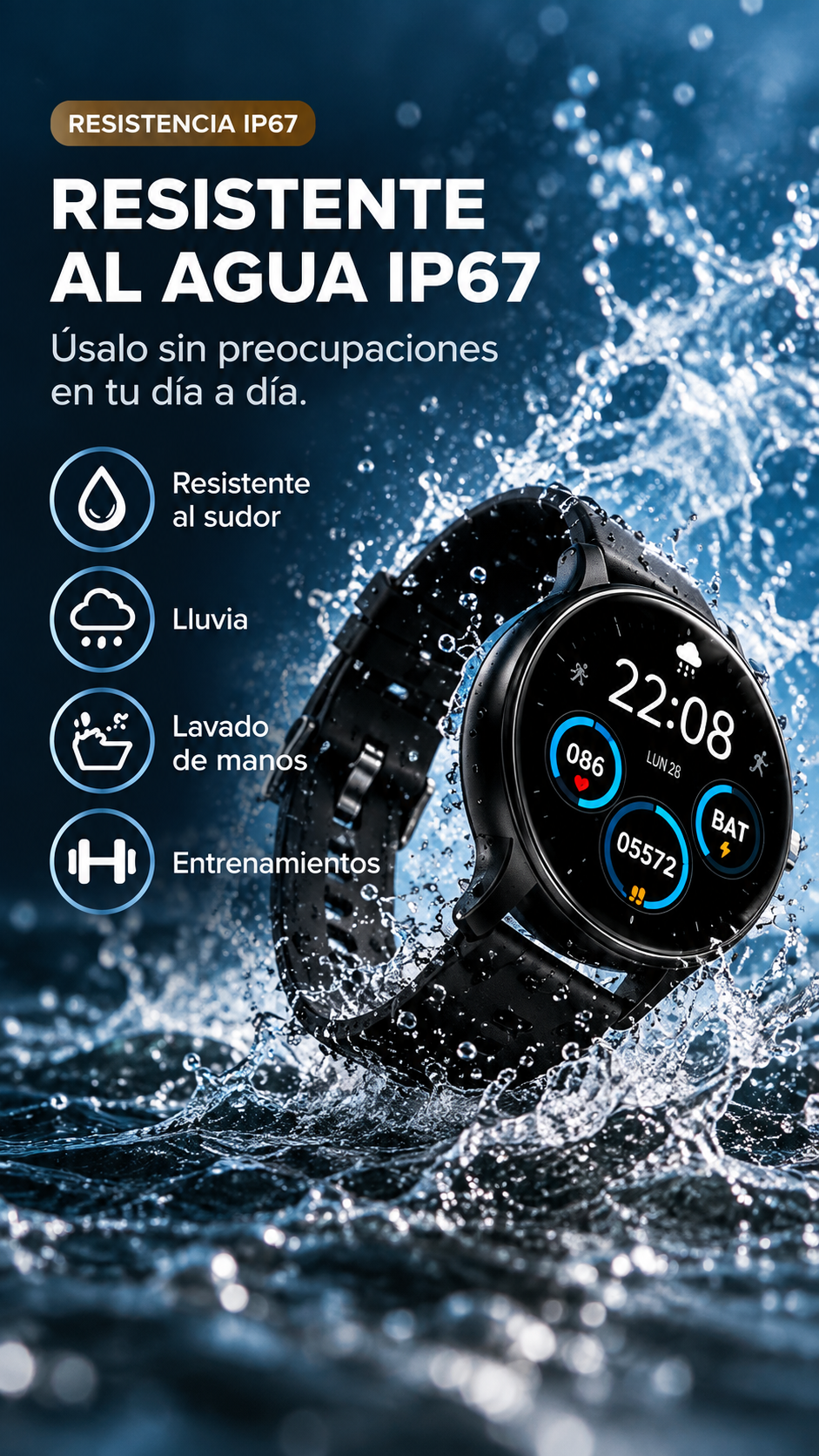 Resistente al agua IP67: sudor, lluvia, lavado de manos y entrenamientos