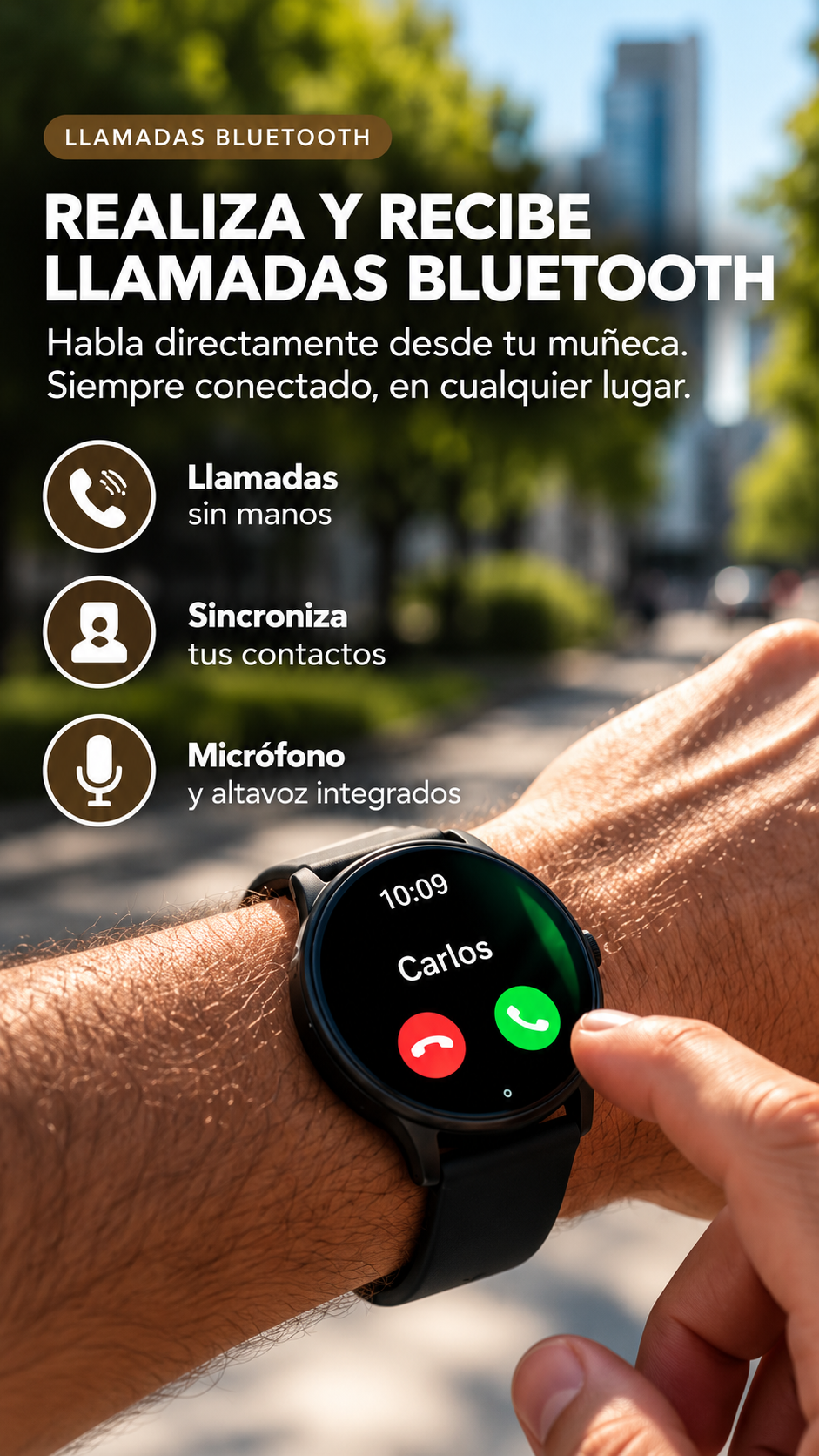 Smartwatch en la muñeca mostrando una llamada entrante en pantalla